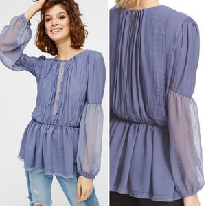 Free People Blue Mesh Inset Drop Waist Blouse Med